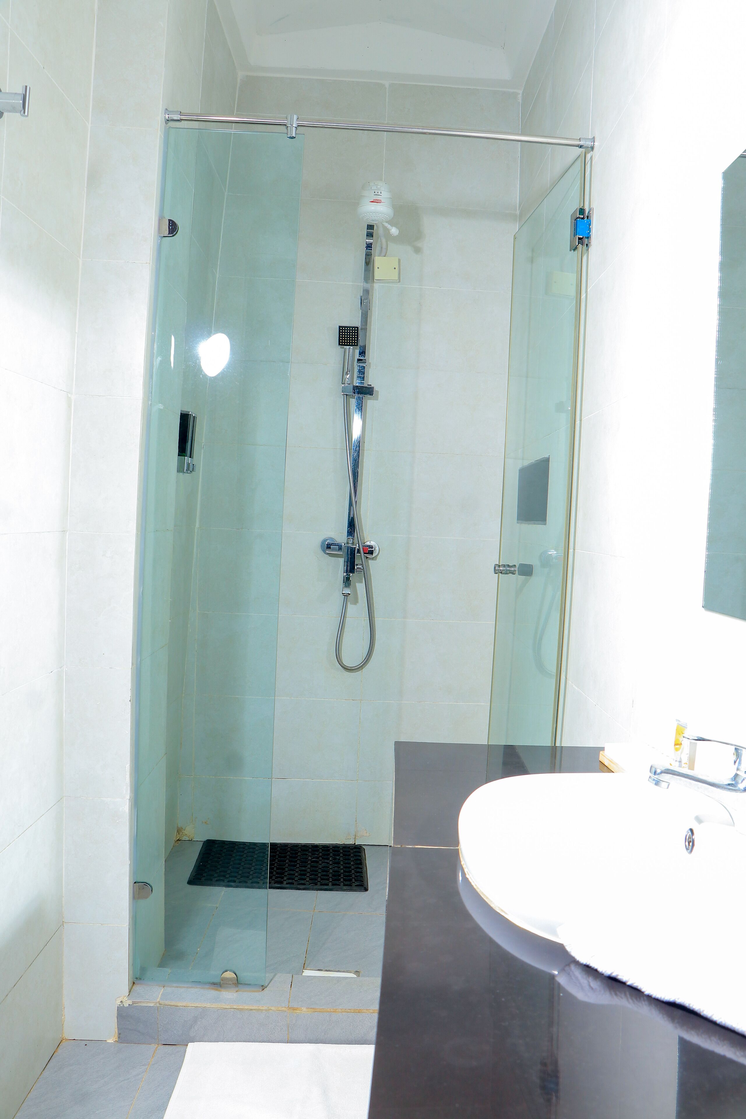 A glass-enclosed shower with a handheld showerhead, a white sink, and a mirror above it.