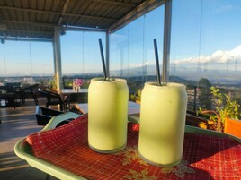 Dos batidos verdes en una bandeja sobre un mantel a cuadros rojos, colocados en un balcón con vistas a montañas y un paisaje urbano.