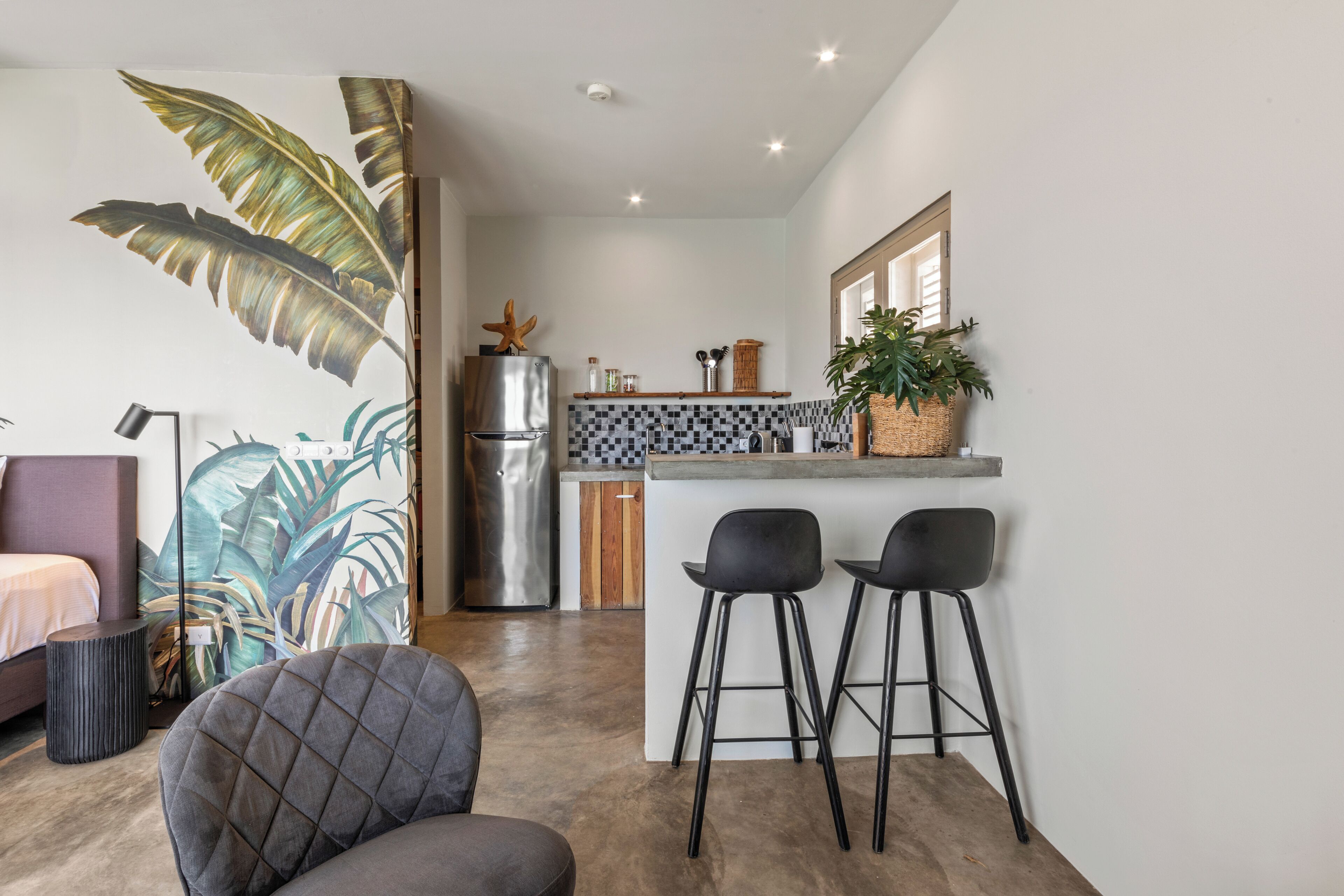 A modern kitchen with a central island, two bar stools, and a large plant.