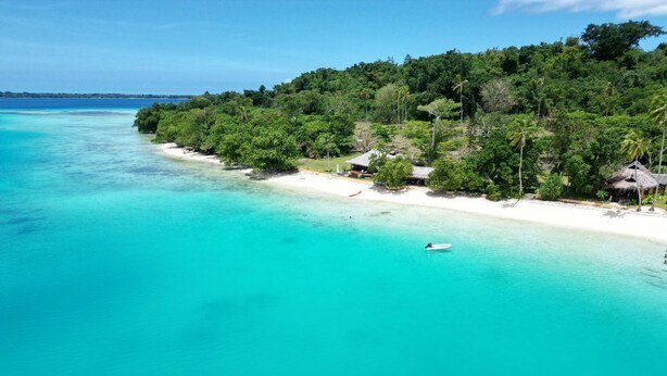 A tropical beach with clear turquoise waters, a white sandy shore, and lush greenery. - Absolute Beachfront  villa with private beach (Luganville)