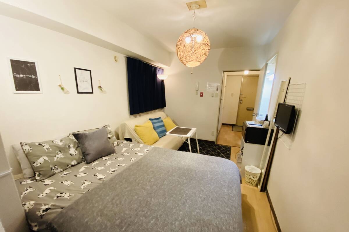 Une chambre d’hôtel de taille réduite, comprenant un lit, un petit bureau, une télévision et une kitchenette.
