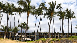 A beachfront hotel with multiple floors, palm trees, and a sandy beach. - Oceanfront, Exceptionally Remodeled, Split A/C, King bed, OH the sunsets (Kihei)