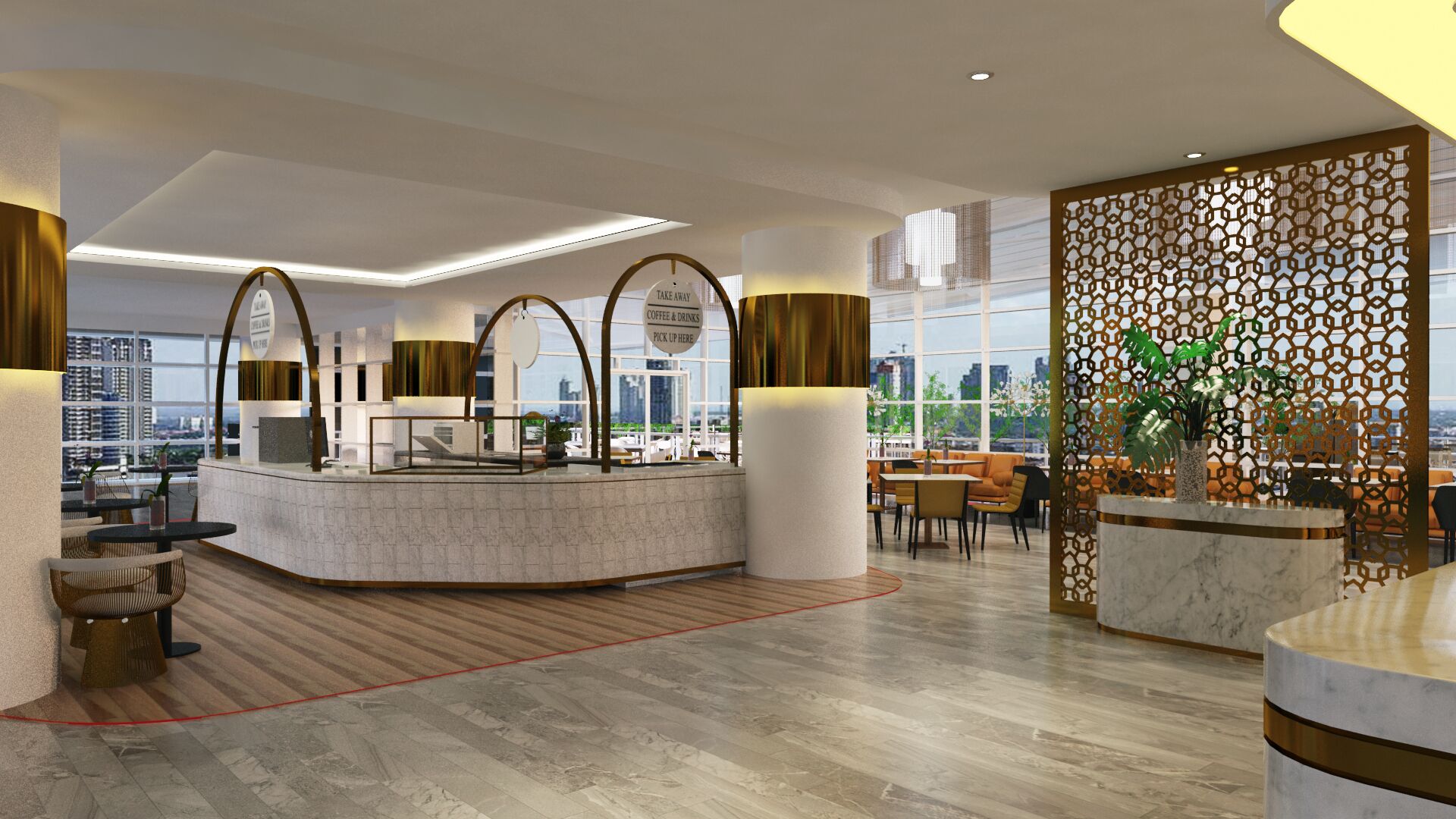 A modern hotel lobby with a central reception desk, seating areas, and large windows offering city views.