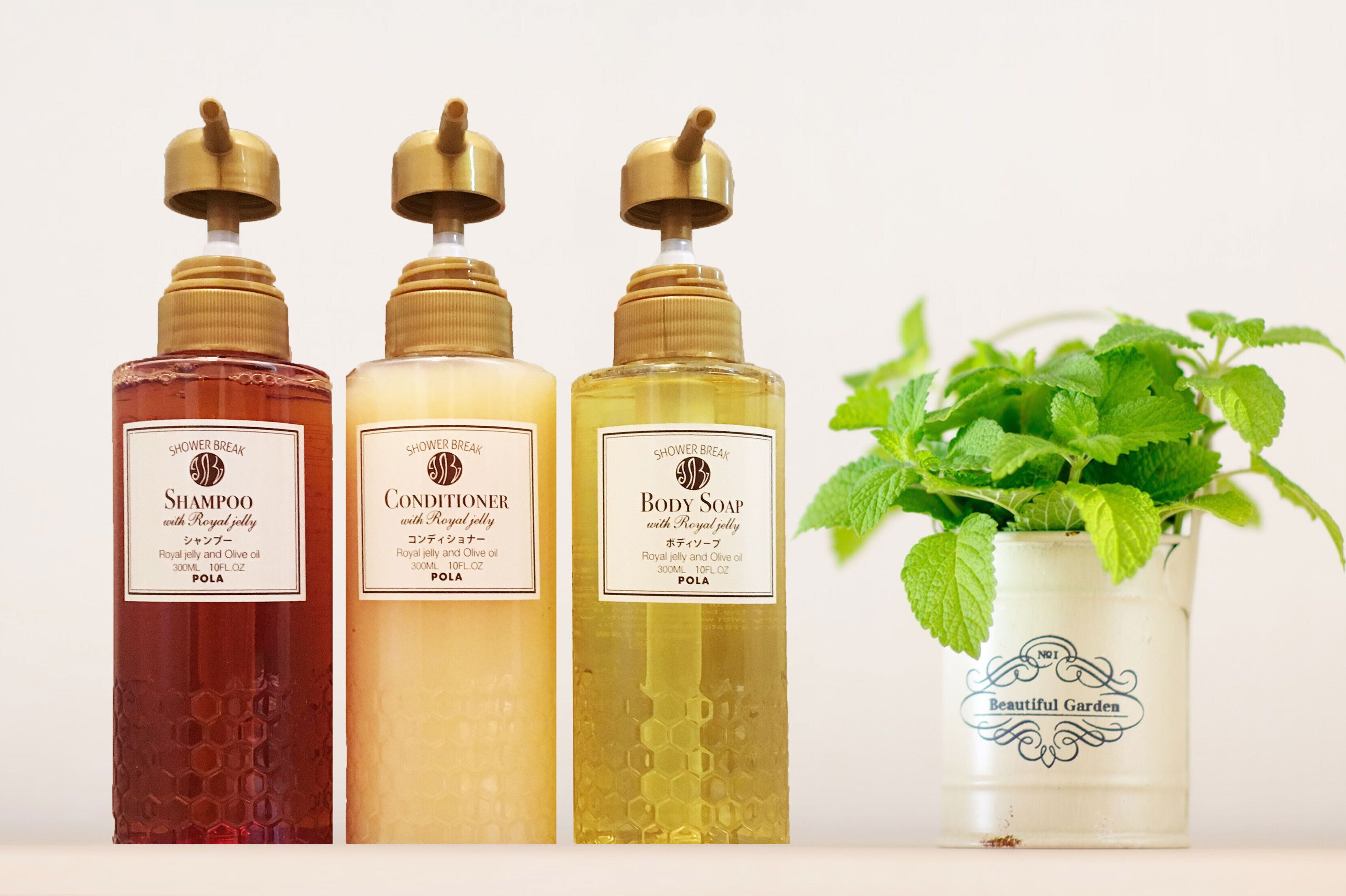 Three bottles of shower products with labels and a potted mint plant.