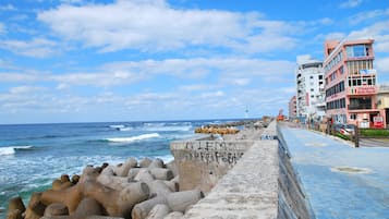 A coastal walkway with a concrete barrier, a paved path, and buildings with signage.