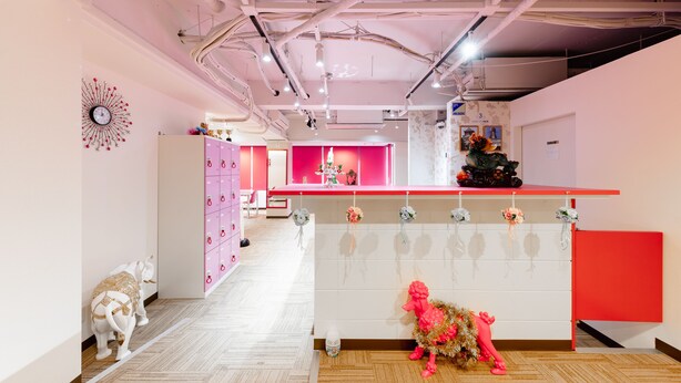 En modern inredning med en central receptionsdisk, rosa skåp och dekorativa element som en klocka och en liten elefantstaty.