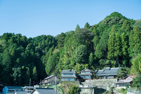 A traditional Japanese village with multiple houses on a hillside, surrounded by dense forest. - ume yamazoe (Yamazoe-mura)