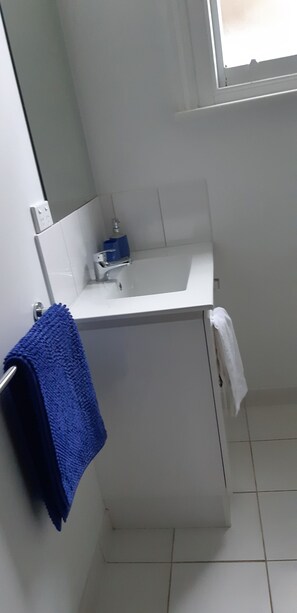 Dusche, umweltfreundliche Kosmetikartikel, Haartrockner, Handtücher