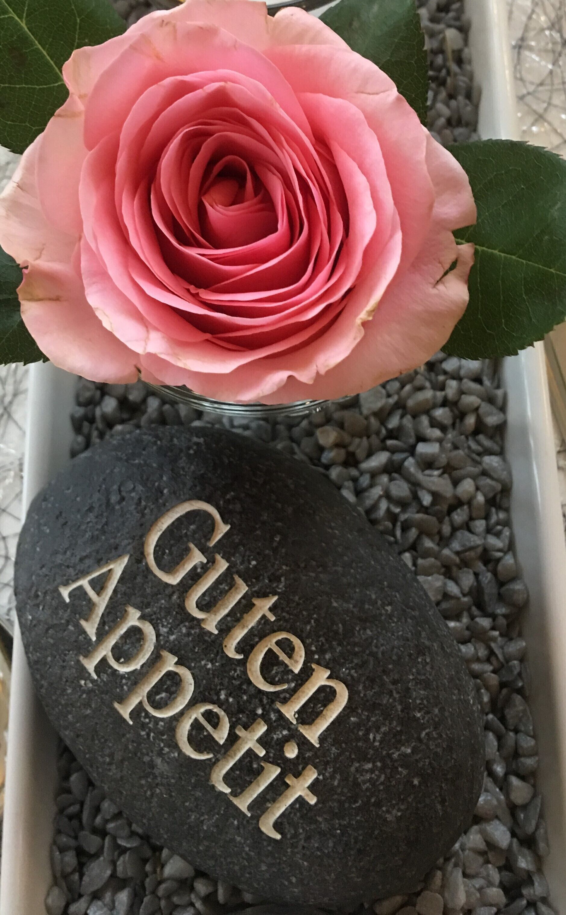 A pink rose in a planter with a stone engraved with "Guten Appetit".