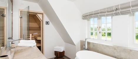 Shower, hair dryer, towels