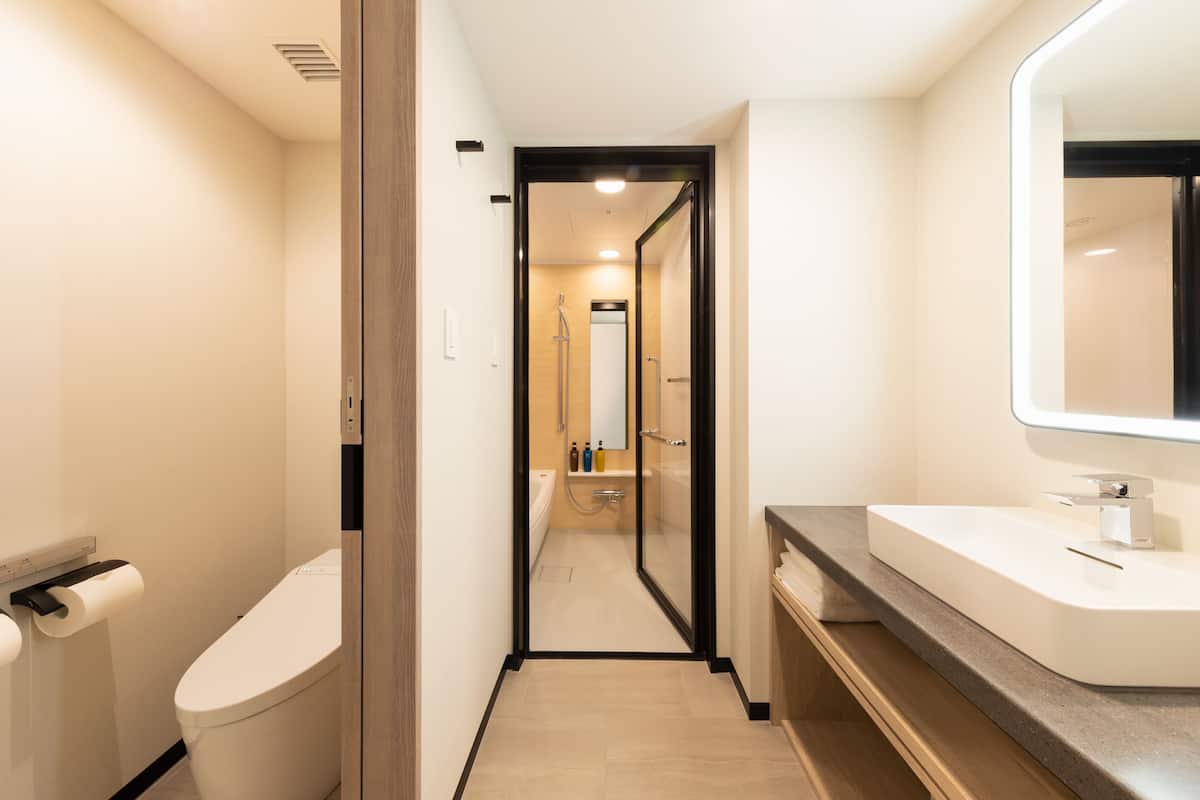 free toiletries, hair dryer, electronic bidet, towels