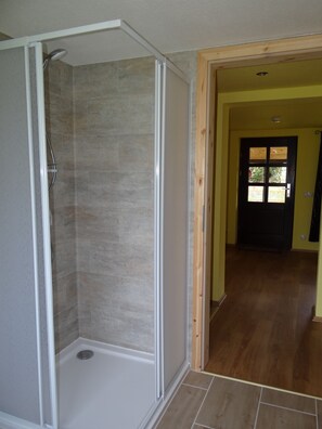 Shower, towels, toilet paper