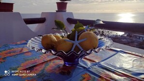 Un tavolo con una ciotola di frutta, piante in vaso e una vista panoramica sul mare.