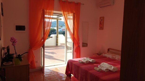 Una camera da letto con un letto, una scrivania con una pianta e vista sull'esterno.