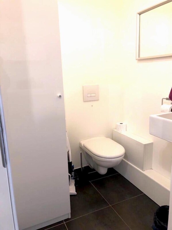 A small, white bathroom with a toilet, a sink, and a mirror.