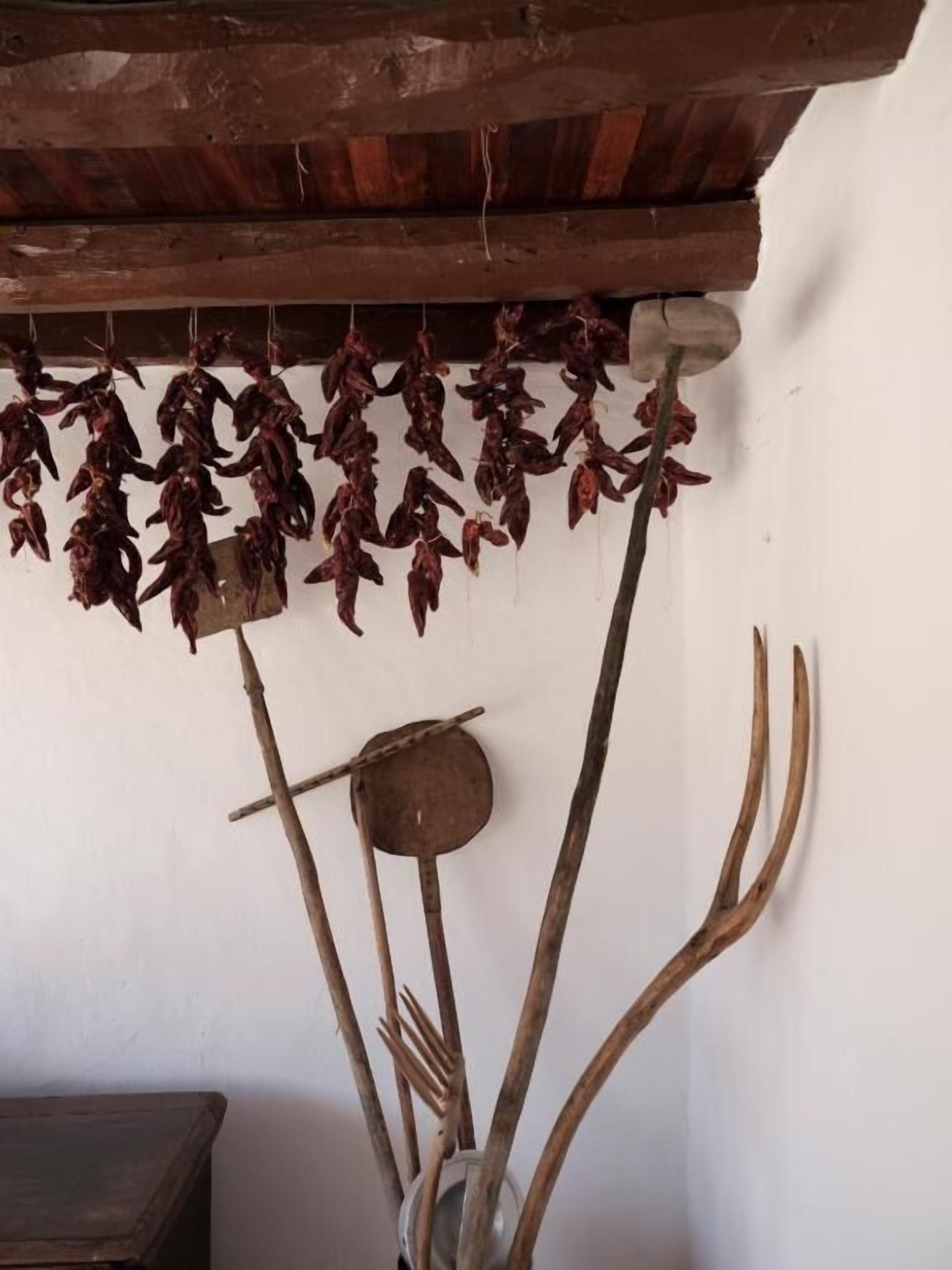 A rustic interior with dried chili peppers hanging from the ceiling and wooden utensils hanging on the wall.