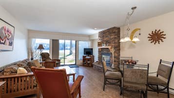 Télévision, cheminée, lecteur de DVD