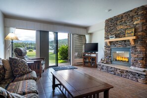 Una televisión, una chimenea, un reproductor de DVD