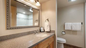 Shower, hair dryer, towels, shampoo