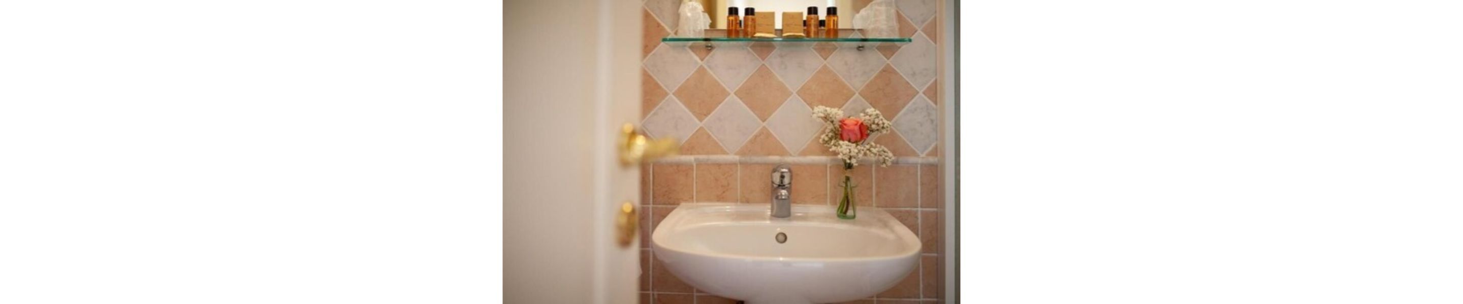 Une salle de bain avec un lavabo blanc, une étagère en verre au-dessus et un vase décoratif rempli de fleurs.