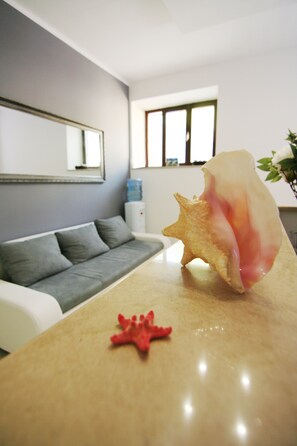 Ein modernes Wohnzimmer mit grauem Sofa, einem Holztisch und einer dekorativen Muschel.