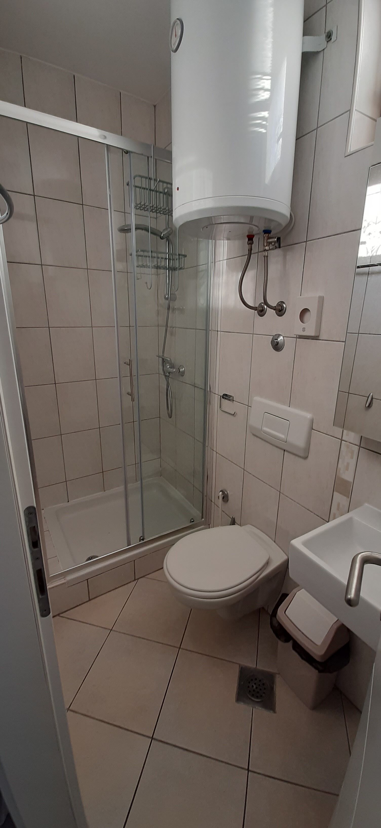 A bathroom with a glass-enclosed shower, a toilet, and a sink.
