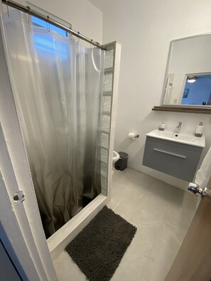 Shower, hair dryer, towels, soap