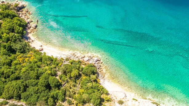 Luftaufnahme einer Küstenlandschaft mit klarem türkisblauem Wasser, felsigem Ufer und dichtem Grün.