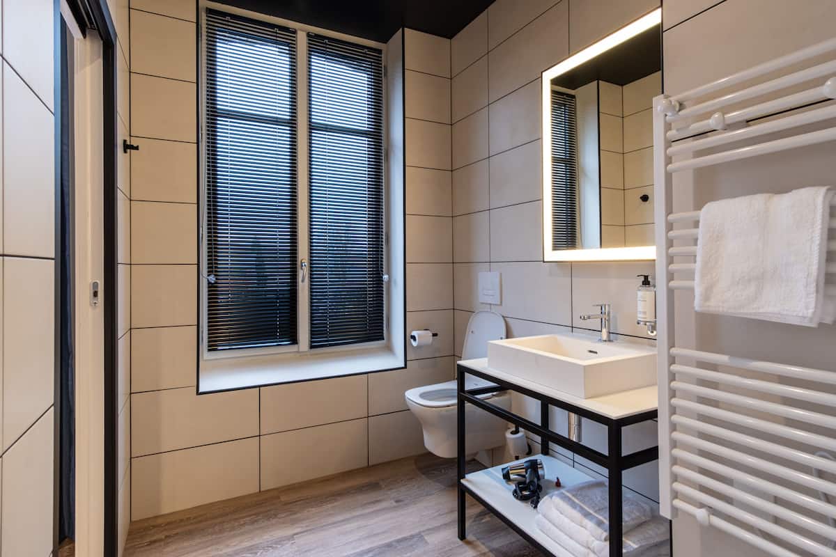 classic double room | bathroom | shower, hair dryer, towels, soap