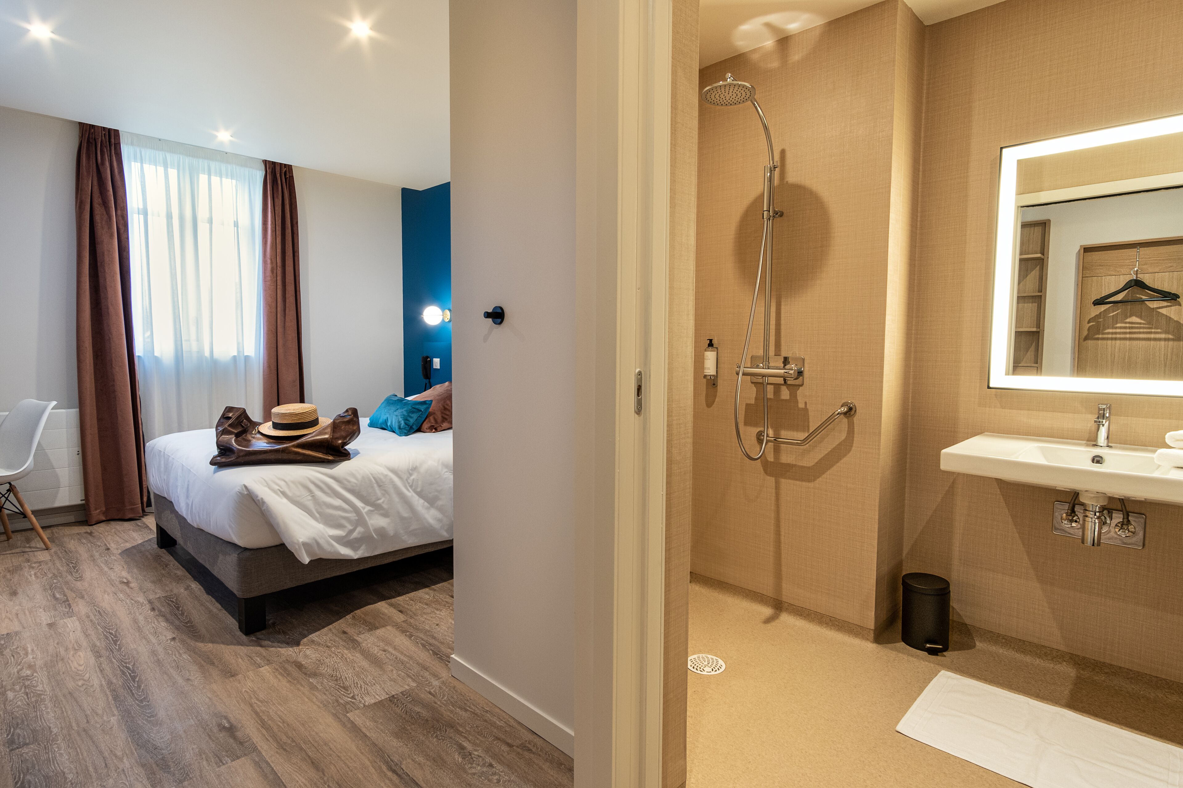 superior double room | bathroom | shower, hair dryer, towels, soap