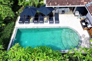 A swimming pool with lounge chairs and umbrellas, surrounded by greenery.