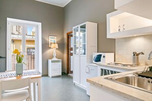 Fridge, microwave, stovetop, electric kettle