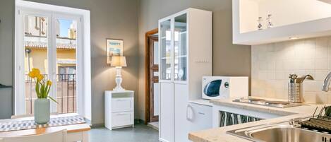 Fridge, microwave, stovetop, electric kettle