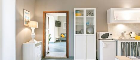 Fridge, microwave, stovetop, electric kettle