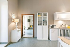 Fridge, microwave, stovetop, electric kettle