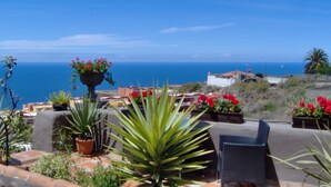 A patio with outdoor furniture, potted plants, and a view of the sea. - Holiday Home to the Street With big Kitchen (Icod de los Vinos)