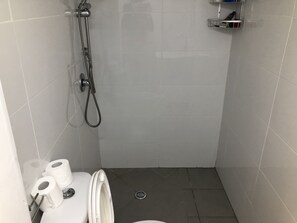 Douche, articles de toilette gratuits, serviettes fournies, savon