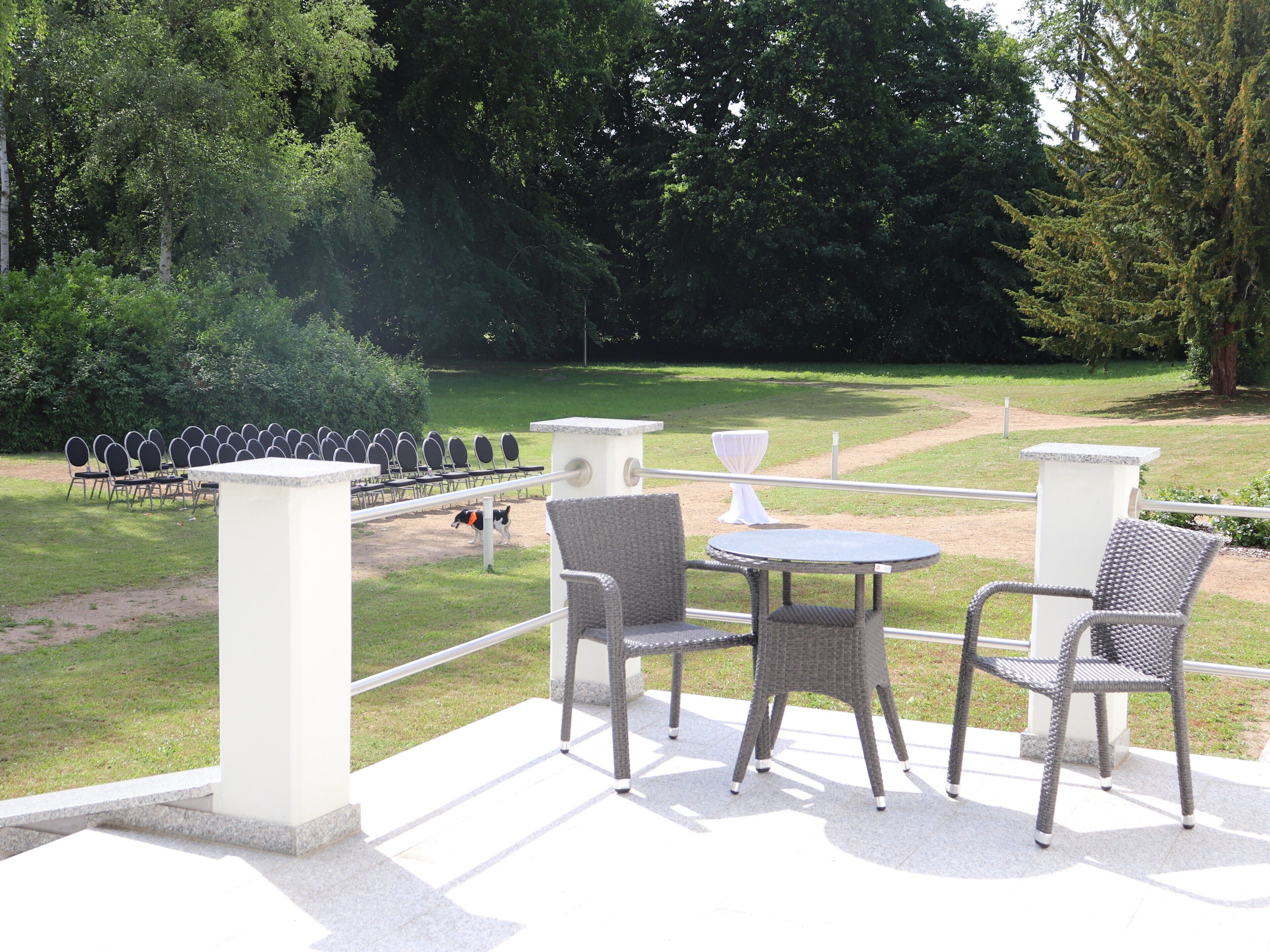 An outdoor patio with wicker chairs and tables, surrounded by a grassy area and trees.