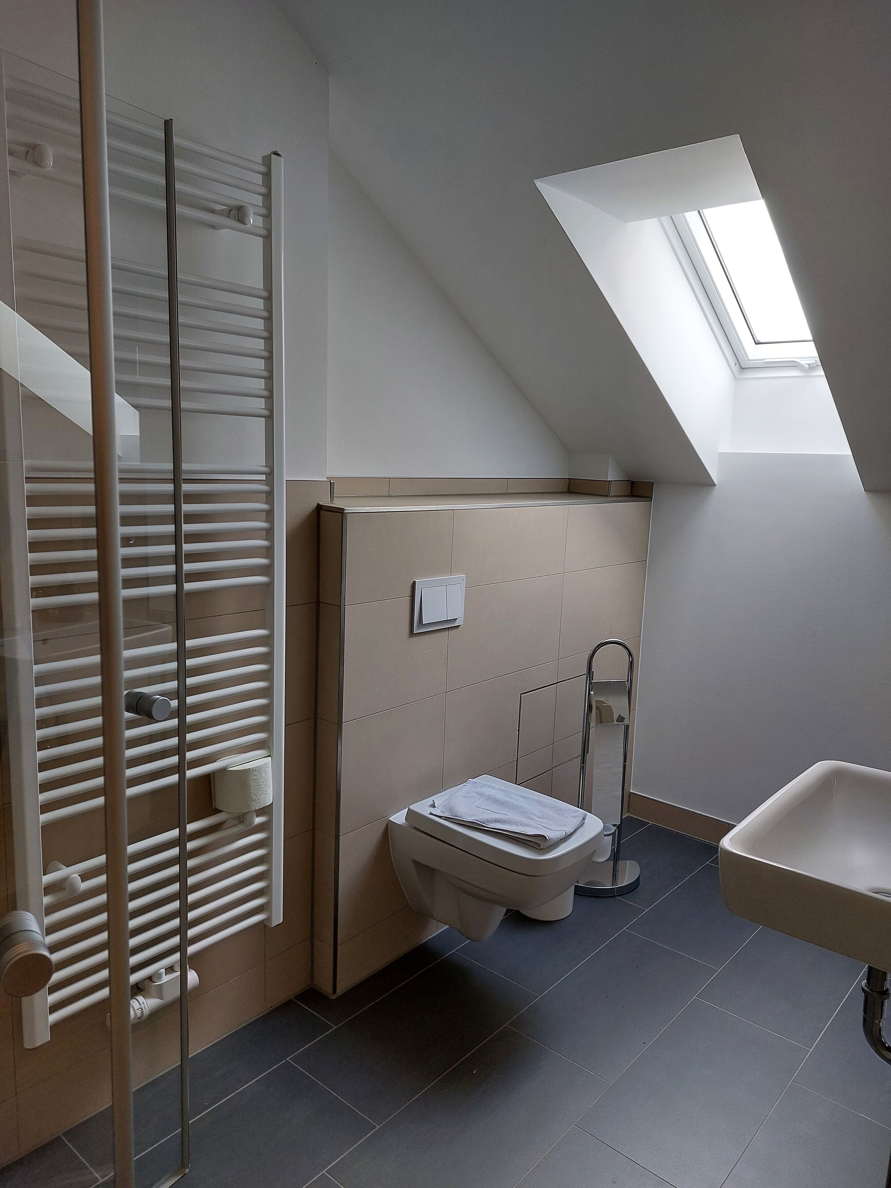 Une petite salle de bain avec un puits de lumière, des toilettes, une douche et un lavabo.