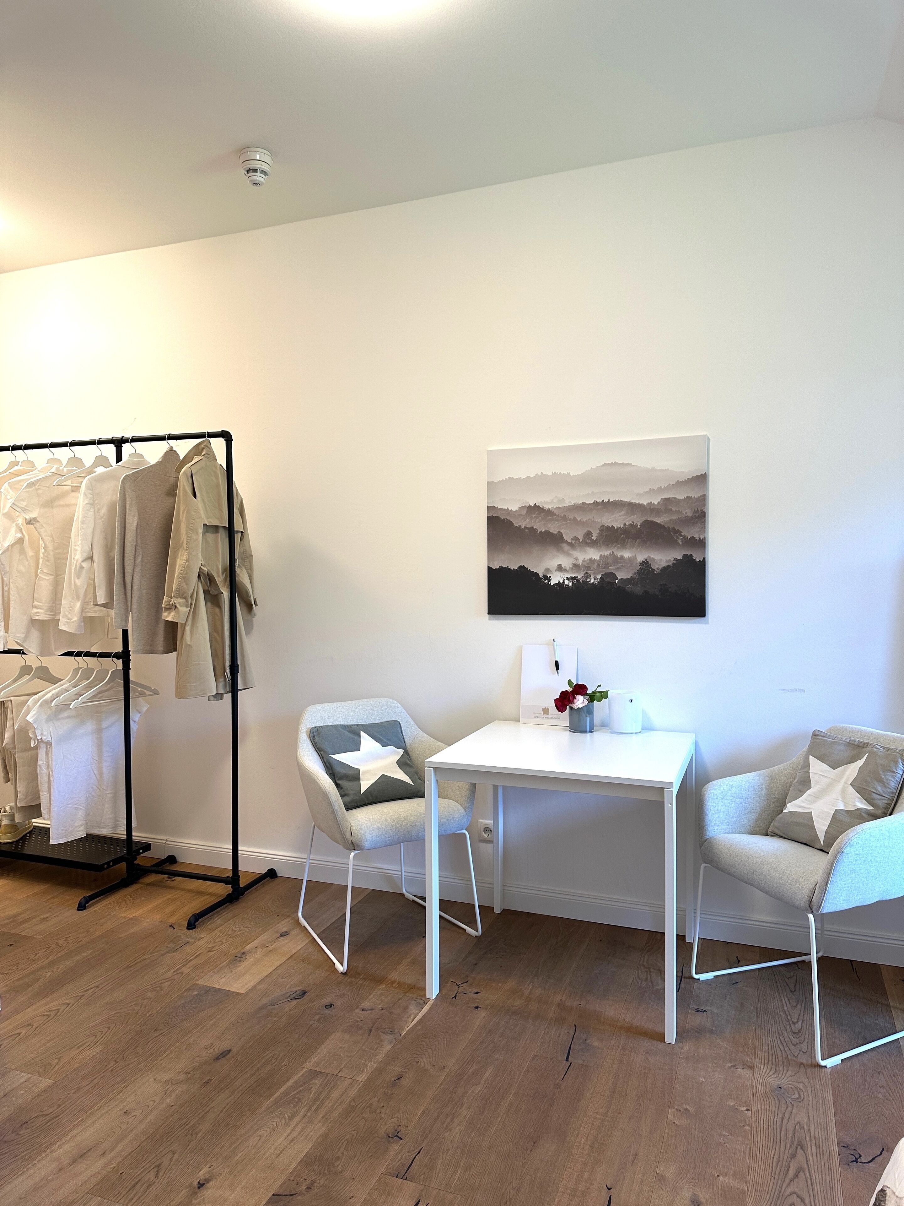 A room with a clothing rack, two chairs with star pillows, a white table, and a framed picture on the wall.