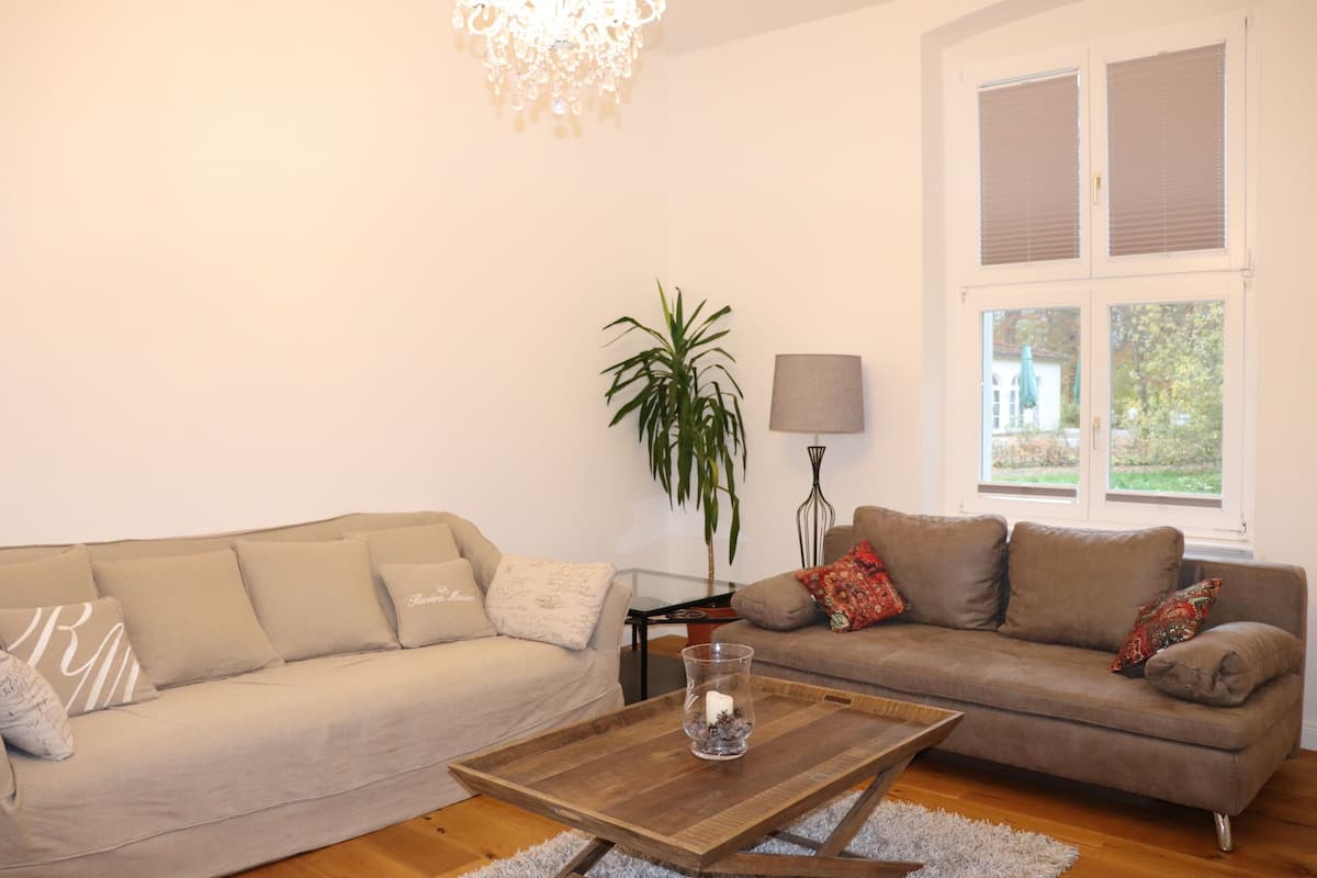 A living room with two sofas, a coffee table, a lamp, and a plant.