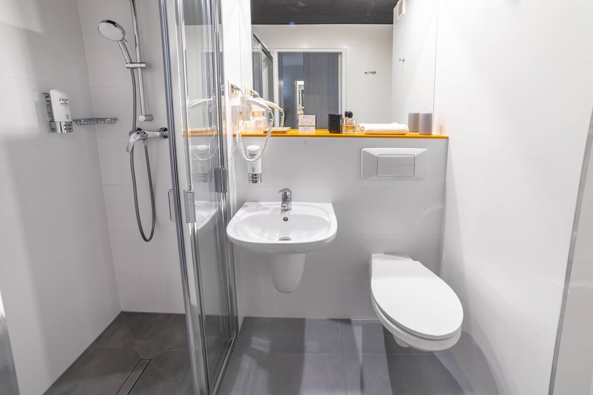 shower, free toiletries, hair dryer, towels