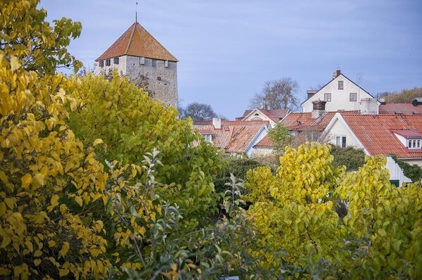 A historic stone tower with a red roof, surrounded by traditional houses with red-tiled roofs. - Mullbärsgården Bed & Breakfast (Visby)