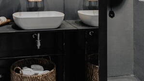 A modern bathroom with two sinks, a mirror, and a shower. - Warsaw Concierge Unique Design Studio (Warsaw)