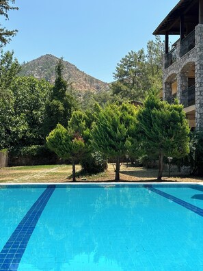 Outdoor pool, pool umbrellas, pool loungers