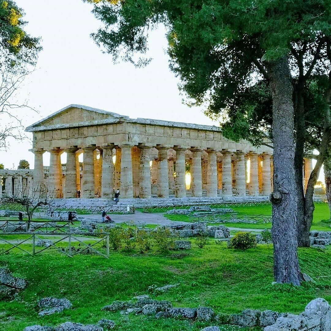 A classical building with columns, a central staircase, and a surrounding grassy area with trees.