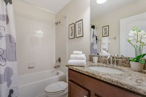 Bathtub, hair dryer, towels, toilet paper