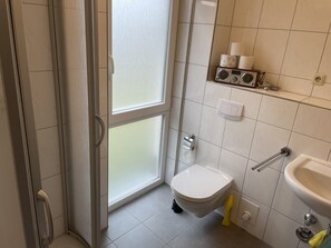 Shower, hair dryer, soap, toilet paper