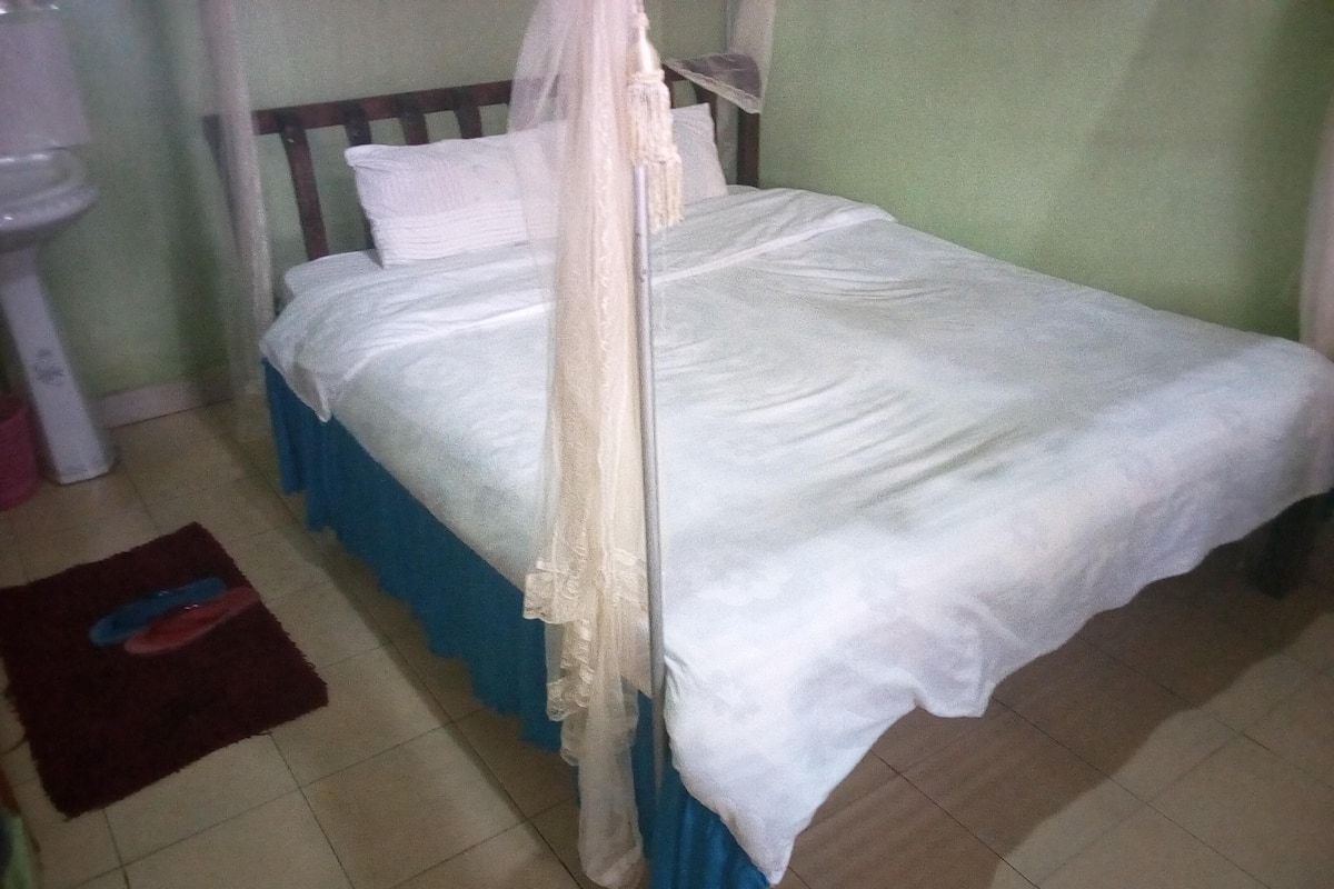 A single bed with a white bedspread and a canopy, a blue mattress cover, and a brown rug on the floor.