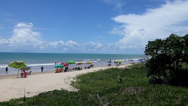 A beach with umbrellas and chairs, a sandy shore, and the ocean. - APARTMENT ON THE BEACH (Bessa)